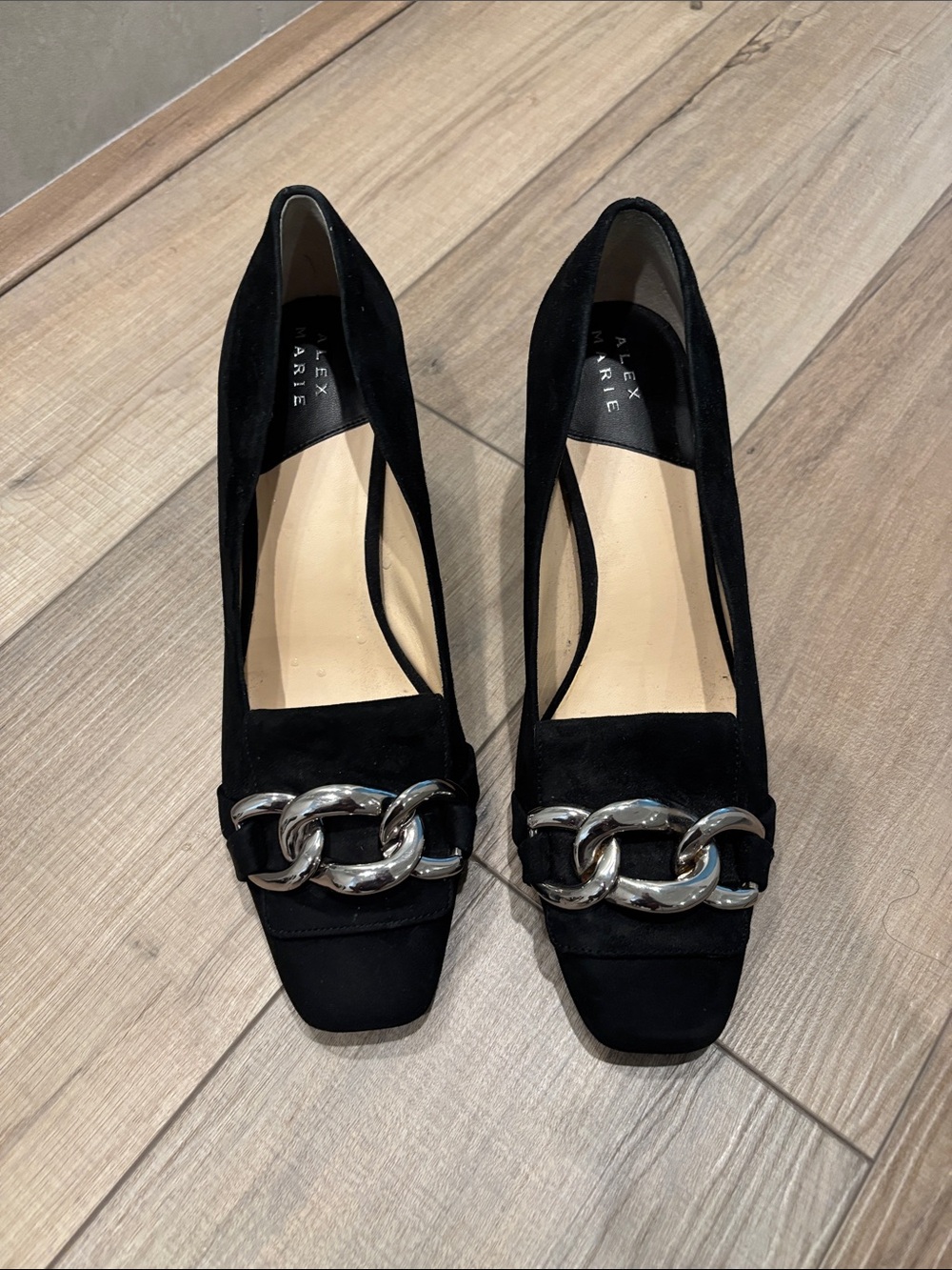 Alex Marie Black Suede Pumps with Silver Chain Accent Size 9